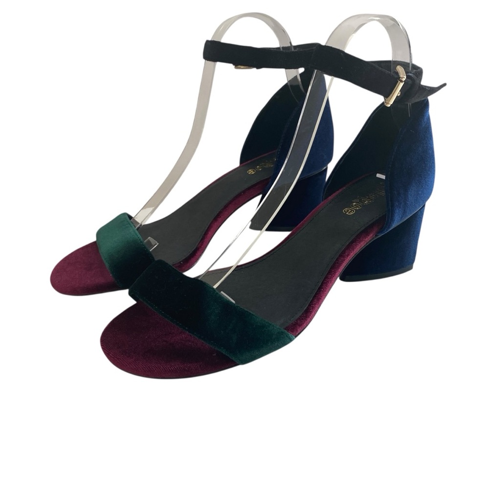LuLaRoe Velvet Strappy Sandals Womens 8.5B Navy‎ Burgundy Block Heel Ankle Strap